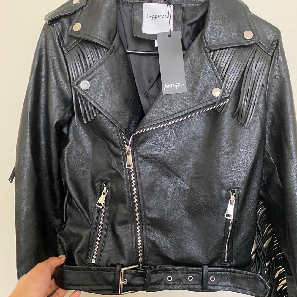 Black leather fringe jacket from Nasty Gal